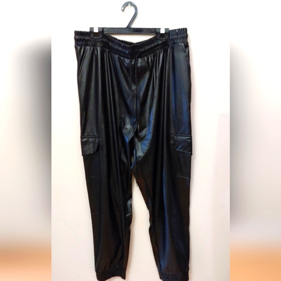 Black Faux Leather Cargo Joggers-Pants - Picture 1 of 9
